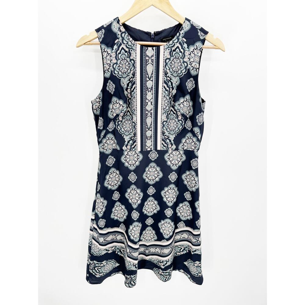 Ann Taylor Medallion Print Sleeveless Blue Cream Shift Dress‎ Women's Size 4